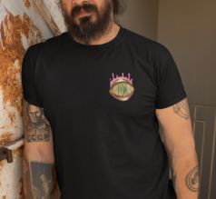 Man wearing an original eye Nudge Theory Clothing tshirt